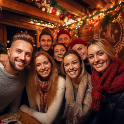 Gruppe von Menschen bei einer Firmenweihnachtsfeier als Après-Ski Hüttenparty 