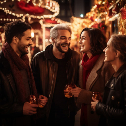 Gruppe von Menschen mit Glühwein auf einem Weihnachtsmarkt