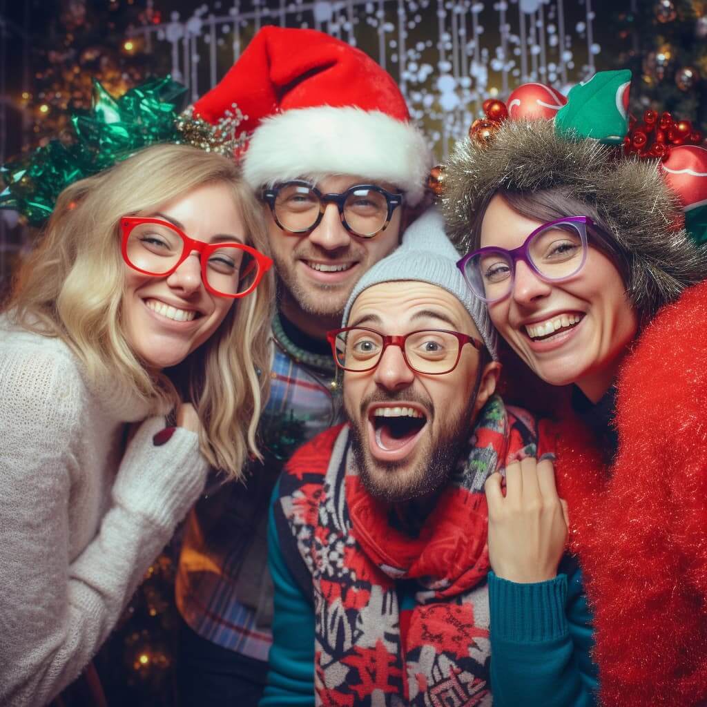 Gruppe von Personen bei einer Bad Taste Party als lustige Weihnachtsfeier