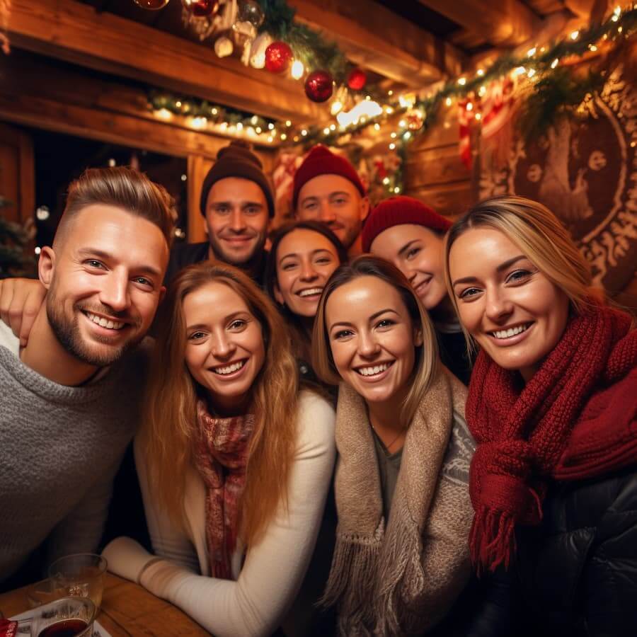Gruppe von Menschen bei einer Firmenweihnachtsfeier als Après-Ski Hüttenparty